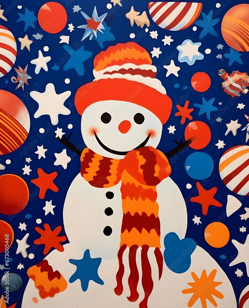 Naklejka premium a blue and orange snowman with a scarf, hat and stars