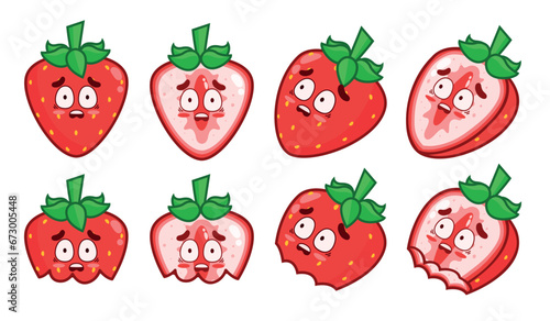 Set of scared strawberries. Animated fruit character. Whole strawberries, halves, and bitten ones.