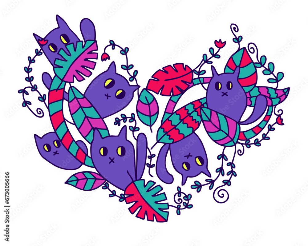 Fototapeta premium Heart shaped doodle pattern with cute cats in the jungle. Love for pets concept. Bright colors. Hand drawn vector illustration for any purpose.