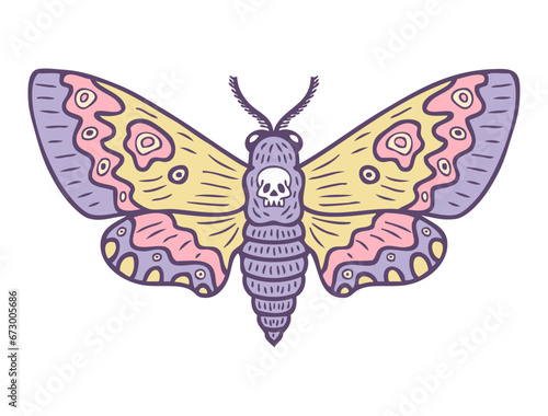 Hawk moth acherontia atropos colorful doodle. Perfect print for tee, poster, card, sticker, banner. Hand drawn vector illustration.