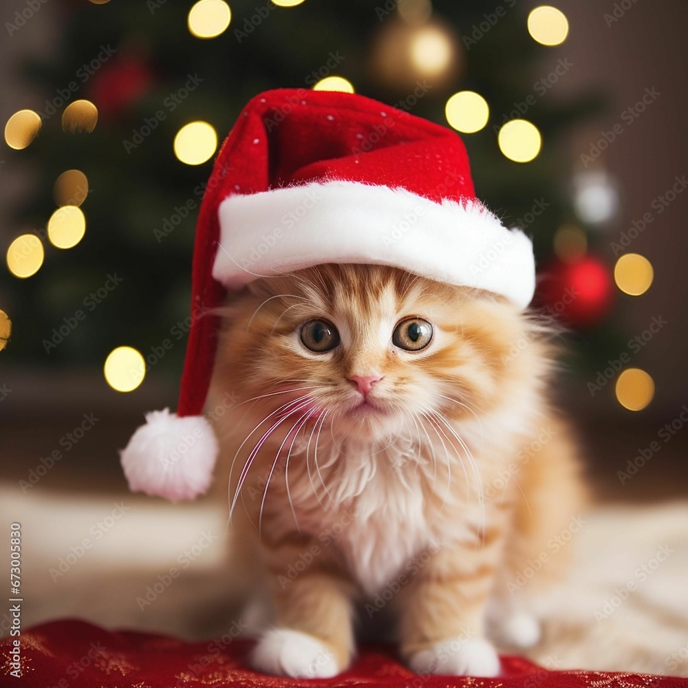 AI generated illustration of a cute ginger kitten wearing a red Santa Claus hat AI generated illustration of a cute ginger kitten wearing a red Santa Claus hat