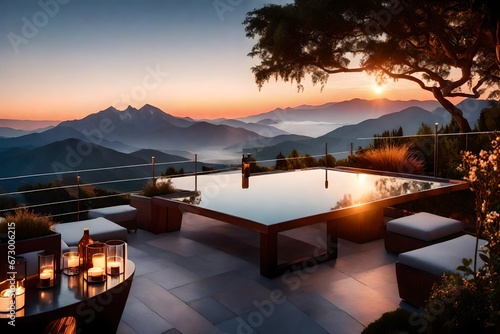 Terrace with beautiful mountain sunset view  