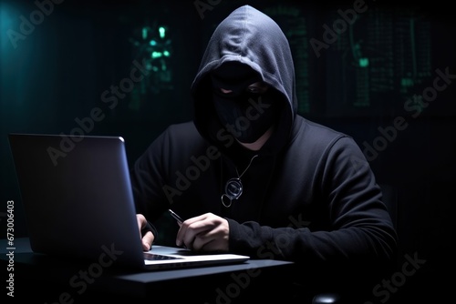 Computer knowledge and skills to access info. Man hacker with serious expression hacks websites using technology amid miscalculations. Illegal activities and hacking competitive person in online space photo