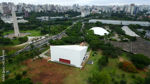 Aerial shot drone flies over Oscar Niemeyer Auditorium in Ibirapuera Park in Sao Paulo photo