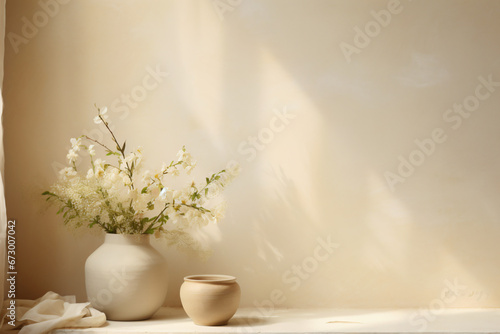 A white vase with some white flowers in it on a white room