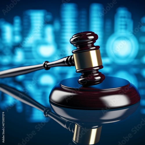 AI generated illustration of a judge's gavel resting on a wooden podium on a blue background