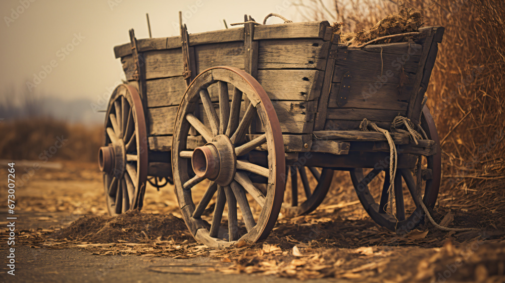 An old wooden wagon sitting in the middle of a field - obrazy, fototapety, plakaty 