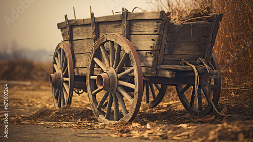 An old wooden wagon sitting in the middle of a field photo
