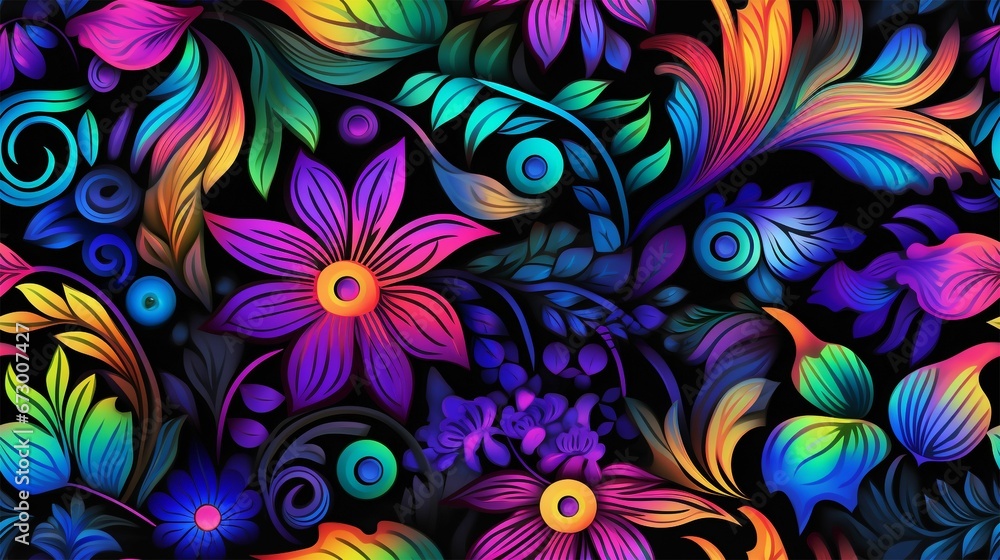 AI generated illustration of a vibrant array of multicolored abstract flowers on a dark backdrop AI generated illustration of a vibrant array of multicolored abstract flowers on a dark backdrop