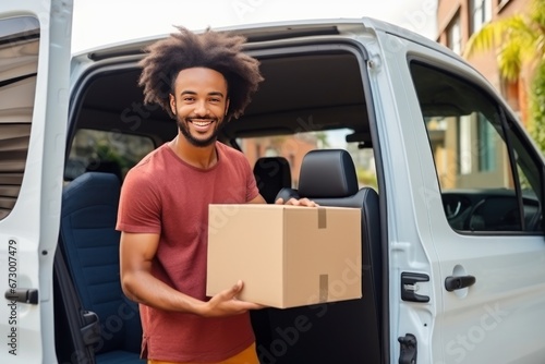 Young African American man holds cardboard box with packaged goods making home delivery. Delivery male person stands near work vehicle with open car trunk performing duties.