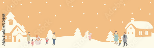 アイソメトリック　冬　バナー　フレーム　人物　街並み　ファミリー　キッズ　背景　イラスト素材