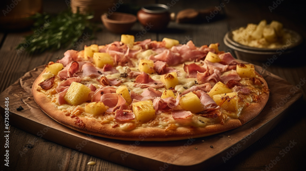 AI-generated illustration of Hawaiian pizza with toppings of pineapple and ham. - obrazy, fototapety, plakaty 