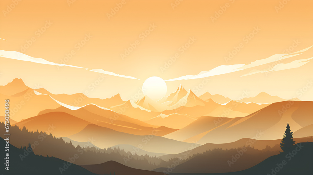 sunrise in the mountains,A Detailed Sunset Landscape in Earth Tones,Hazy Orange and Beige Sunset Over Mountains,AI Generative 