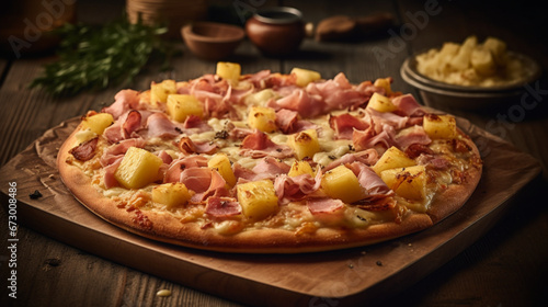 AI-generated illustration of Hawaiian pizza with toppings of pineapple and ham.