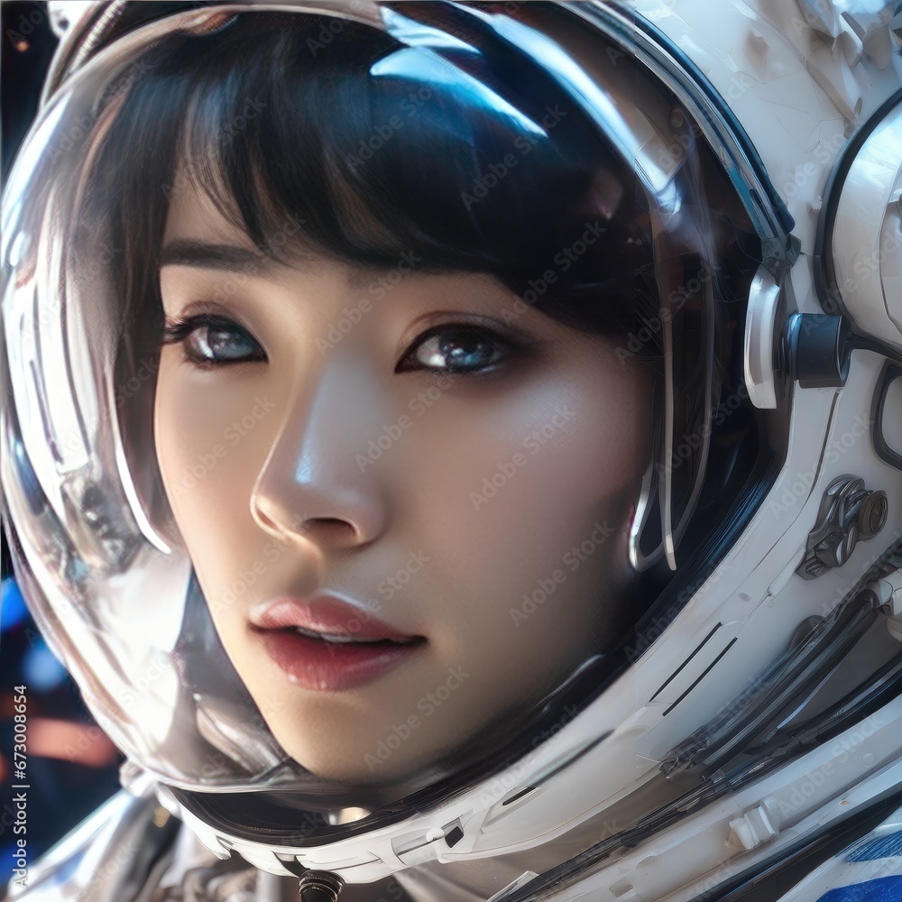 A female astronaut in deep space. The world of the future