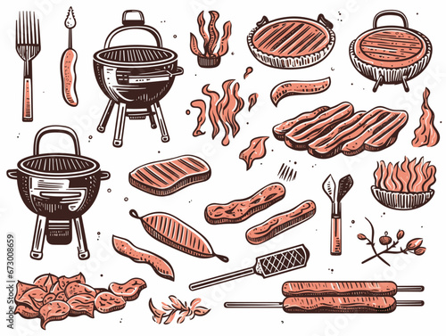 Drawing of BBQ set. Barbecue Grill Icons illustration separated, sweeping overdrawn lines.