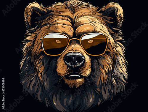 Drawing of Bear head in glasses logotype illustration separated, sweeping overdrawn lines.