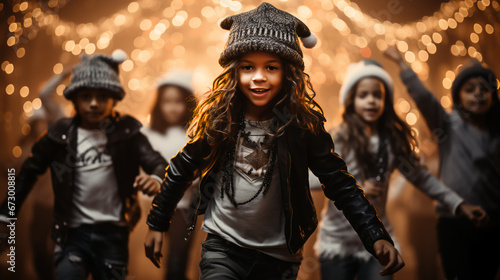 Kids wearing christmas hats - festive outfits -dance routine - Christmas play - holiday attire - black and white With color splash - quirky and charming 