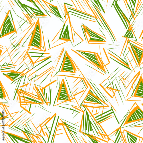 Drawing of Bright Green And Orange Triangles Seamless Pattern illustration separated, sweeping overdrawn lines.