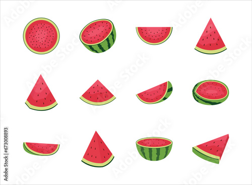 Collection of fresh and juicy red watermelon half, slice, triangle. Summer watermelon set cartoon illustration set.
