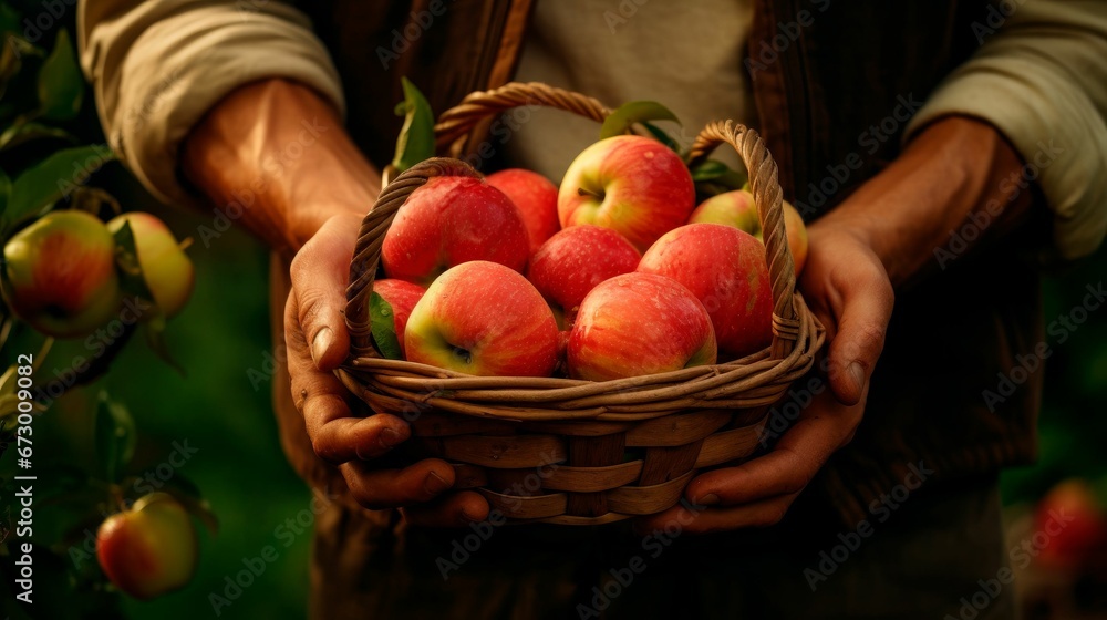 Man standing in an orchard, holding a basket full of ripe red apples, AI-generated.