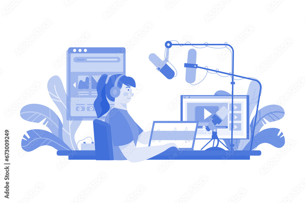 Woman Editing Podcast At The Studio Illustration concept on white background Woman Editing Podcast At The Studio Illustration concept on white background