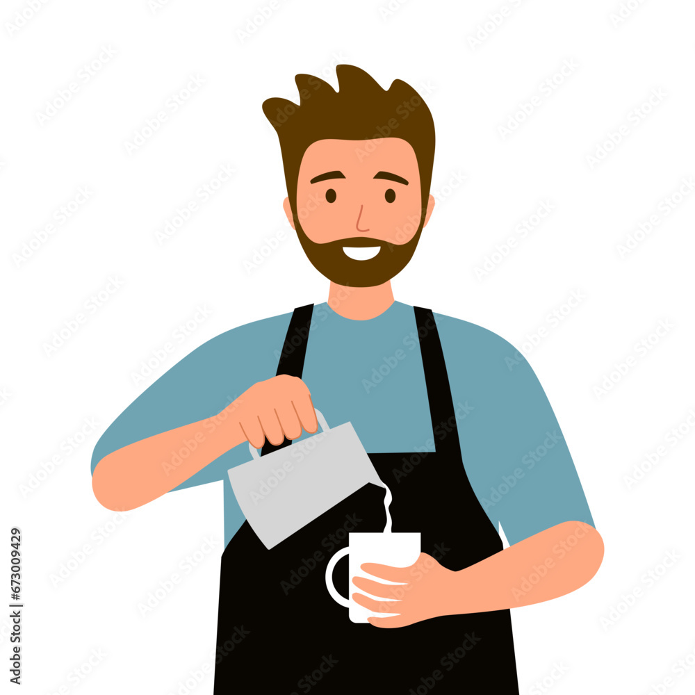 Smiling man barista wearing apron standing whipped milk into the coffee mug. Coffee shop, coffee time and take away concept. Smiling man barista wearing apron standing whipped milk into the coffee mug. Coffee shop, coffee time and take away concept.