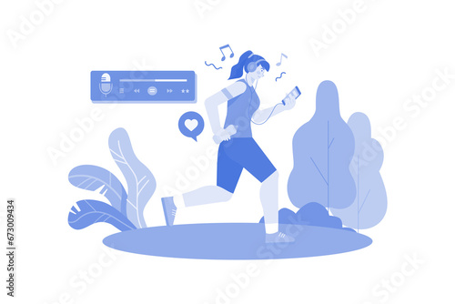 Woman Listening To A Podcast While Jogging Illustration concept on white background