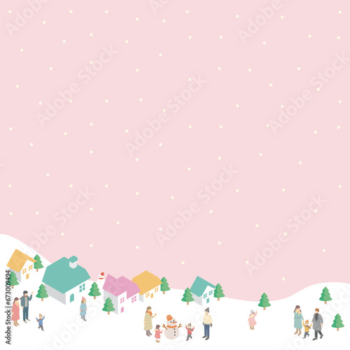 アイソメトリック 冬 フレーム 人物 街並み ファミリー キッズ 背景 シンプル イラスト素材 
