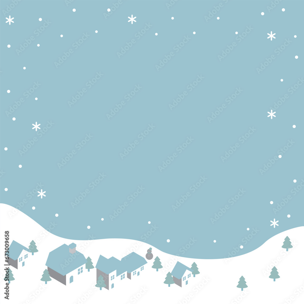 アイソメトリック　冬　フレーム　背景　街並み　雪景色　シンプル　コピースペース　デザイン　イラスト