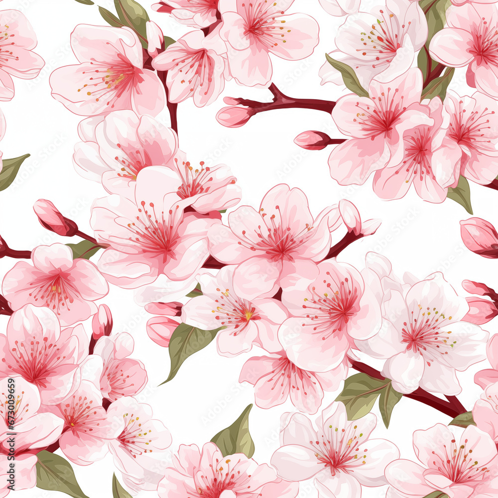 cherry blossoms, seamless pattern, white background