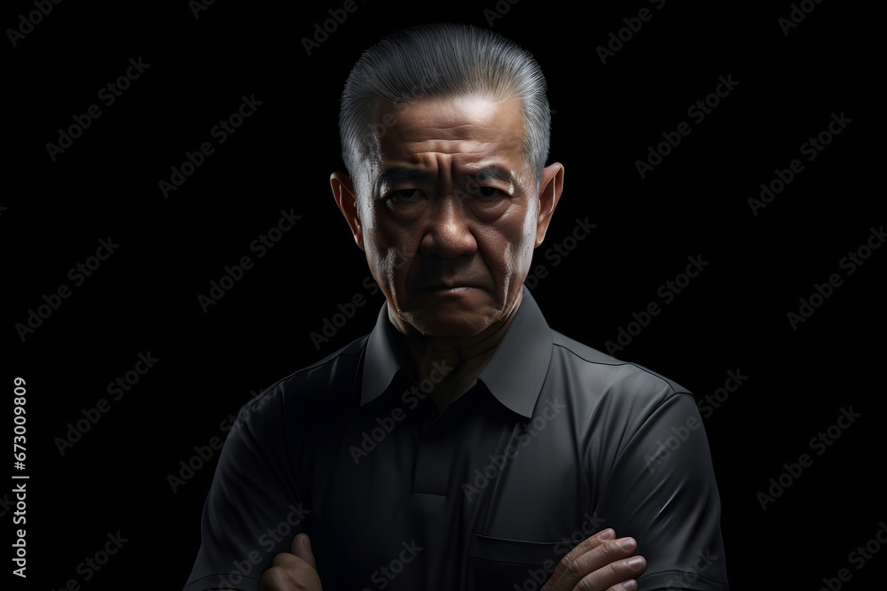 Sceptic senior Asian man, head and shoulders portrait on black background. Neural network generated image. Not based on any actual person or scene. Sceptic senior Asian man, head and shoulders portrait on black background. Neural network generated image. Not based on any actual person or scene.