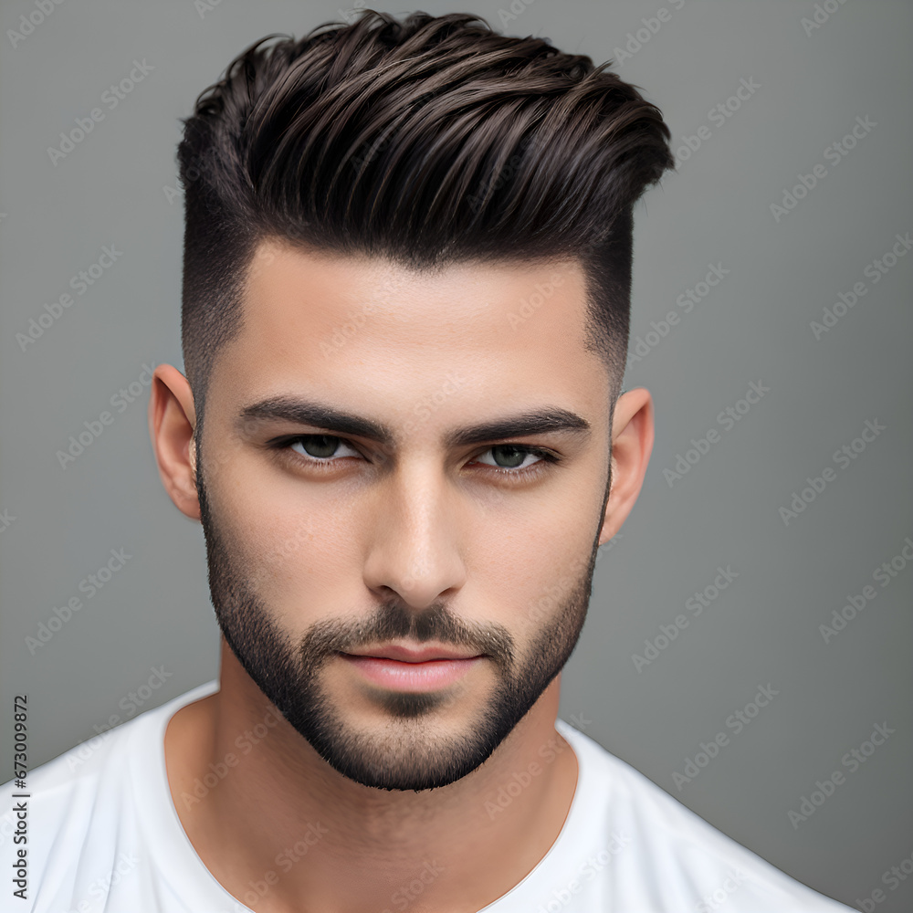 Fototapeta premium Man with fringe up haircut on gray background