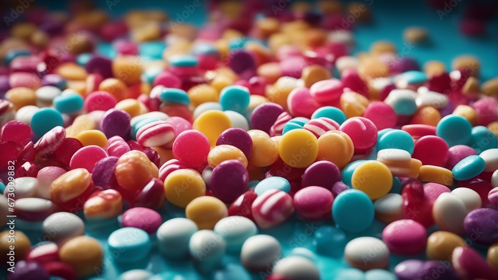 AI generated illustration of colorful candy pieces and small balls arranged on a blue background AI generated illustration of colorful candy pieces and small balls arranged on a blue background