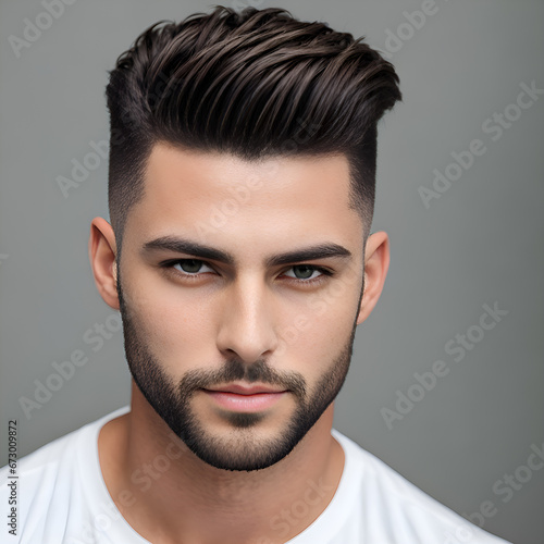 Man with fringe up haircut on gray background
