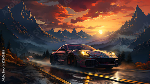 "Luxury car illustration, fast car, car illustration at sunset, beautiful sunset."