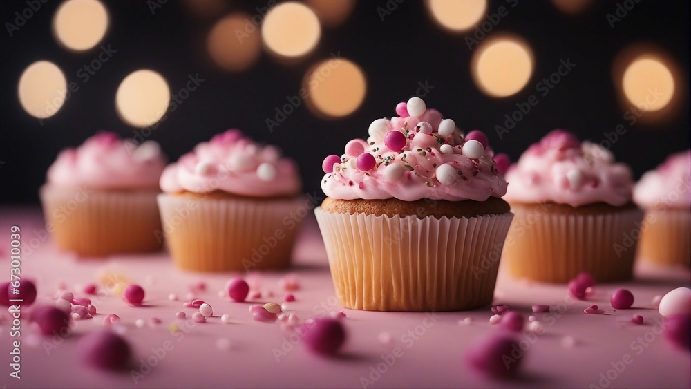 AI generated illustration of a vibrant assortment of cupcakes decorated with pink icing