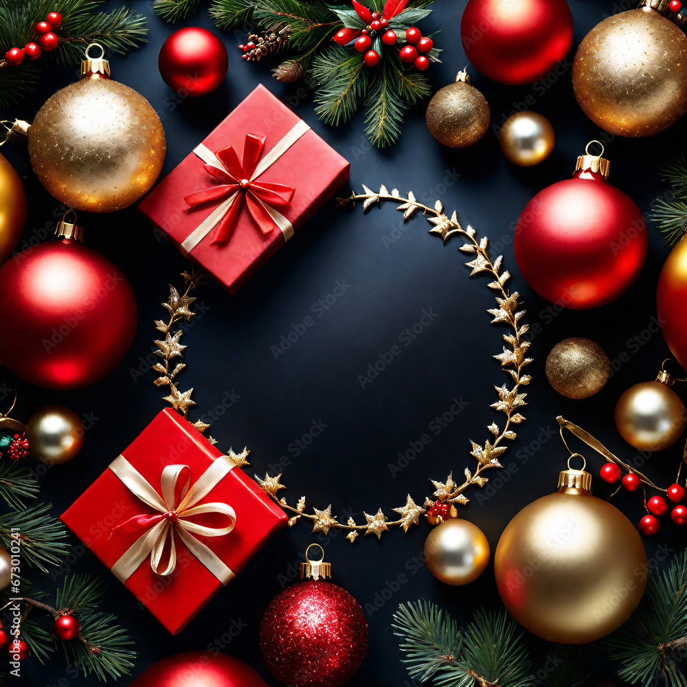 Christmas background with baubles, stars and fir branches on black Christmas background with baubles, stars and fir branches on black