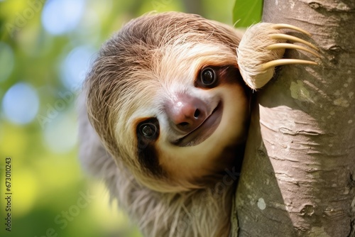 Sloth with shining eyes in natural habitat with greenery backdrop. South American wildlife. photo