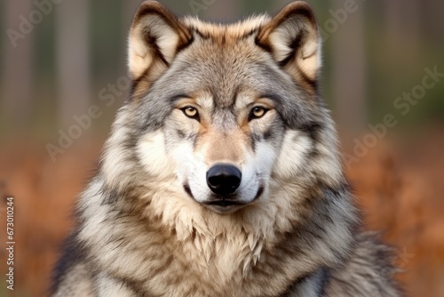Detailed focus on wolf face, contrasting with golden fall leaves. Fauna in natural habitat.