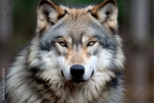 Wolf with dense fur coat gazes forward  surrounded by seasonal colors. Biodiversity and wilderness.