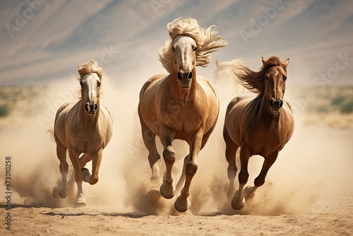 Three majestic horses with flowing manes sprint across sandy landscape. Wildlife and freedom.
