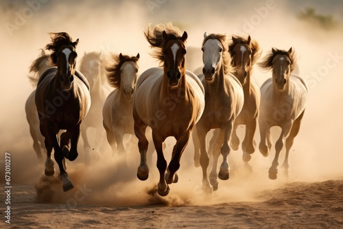 Power and grace captured as horses rush through open field with dust. Motion and strength.