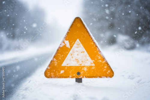 A blank road traffic sign warning of winter driving conditions on a road