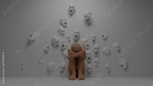Fears and problems attacked the person. A human figure is sitting on the floor cowering in fear. Lots of screaming faces in the wall, surreal 3D concept