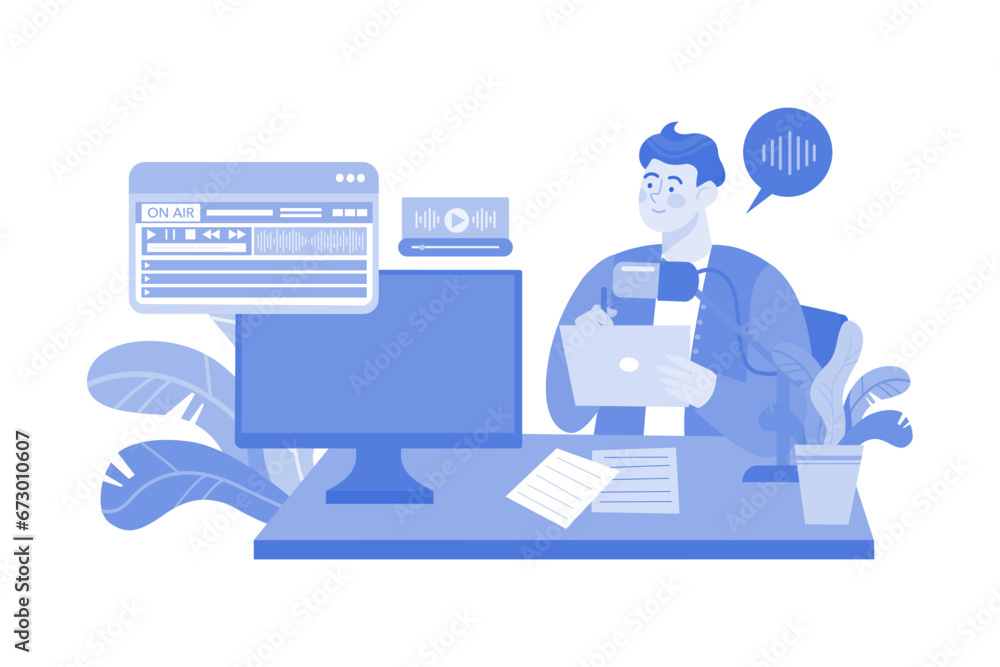 Podcast Creator Working On Editing Illustration concept on white background Podcast Creator Working On Editing Illustration concept on white background