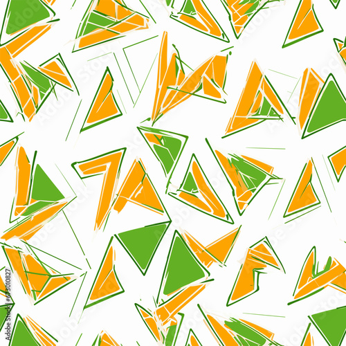 Drawing of Bright Green And Orange Triangles Seamless Pattern illustration separated, sweeping overdrawn lines.