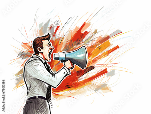 Drawing of Business man shouting by megaphone illustration separated, sweeping overdrawn lines.