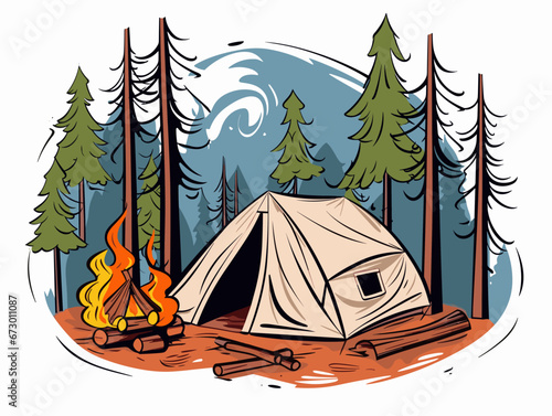 Drawing of Camping in forest with tent and campfire. illustration separated, sweeping overdrawn lines.