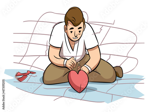 Drawing of Cartoon illustration of man patching a heart with adhesive illustration separated, sweeping overdrawn lines.